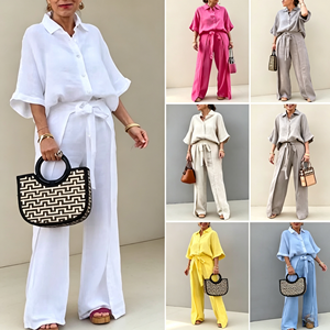 Nouvel ensemble décontracté en coton et lin pour femme 2026 – Blouse et pantalon deux pièces coupe ample couleur unie – Vêtements de gros pour fabricants - Product Image 6