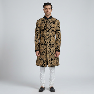 NEW--STYLISH DESIGN of ZARI & RESHAM EMBROIDERY WORK on BLACK SHERWANI WITH WHITE <b>PANT</b> Men's Suits & Blazer>Men's Suits - Product Image 4