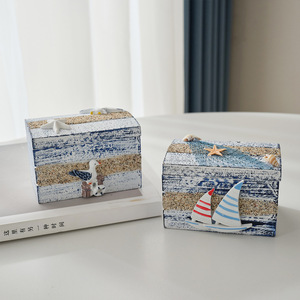 Ocean Themed Wooden Jewelry Box Mediterranean Style Beach Decor Rectangular <b>Storage</b> Box For Living Room <b>Tabletop</b> Prop - Product Image 1