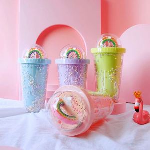 Style coréen arc-en-ciel Pop avec paille grande capacité étudiant beau Ins eau mode créative double couche tasse en plastique - Product Image 2