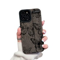 Support de bracelet papillon noir pour coque de téléphone portable 16 Pro Max/15/14/13 avec cordon, antichoc, style INS, en PU