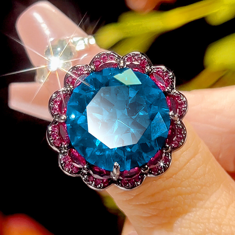 Black gold Blue pointed crystal ring-Open Size