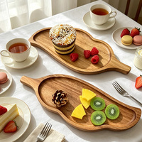 Plateau de service en bois sculpté en forme de feuille, plateau décoratif en bois massif pour servir des collations, des fruits et des aliments à la maison, plateau de service en bois