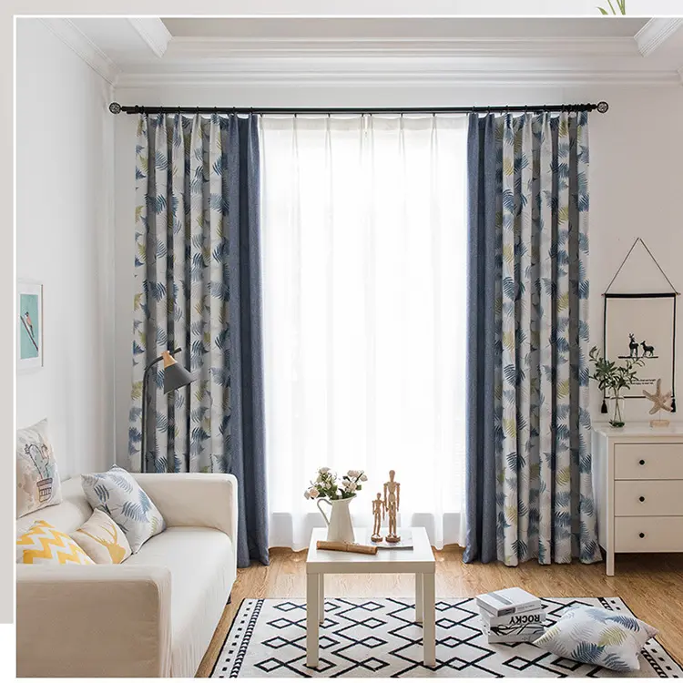 Cortina confeccionada con apagón de lino con patrón de hojas modernas de alta calidad para la sala de estar