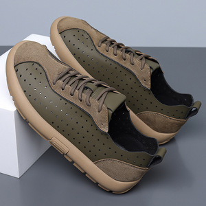 Chaussures de marche pour hommes en cuir respirant à lacets, style rétro, bout rond, semelle intermédiaire en EVA, semelle extérieure en caoutchouc, couleur unie - Product Image 4