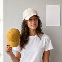 Casquette de baseball non structurée en coton crème non marquée, style vintage délavé, six panneaux, réglable avec boucle métallique