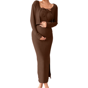 Completo Premaman Due Pezzi: Abito Midi Senza Spalline con Spacco e Cardigan Corto a Maniche Lunghe, Abbigliamento Casual Quotidiano per Donne in Gravidanza - Product Image 2