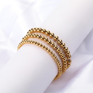 Stainless Steel Bead <b>Bracelet</b> Set | 18K PVD Gold <b>Stretch</b> Elastic Ball <b>Bracelets</b> Stackable Waterproof Tarnish Resistant Jewelry - Product Image 1