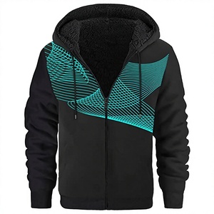 Custom Logo Mens Slim Fit <b>Sherpa</b> <b>Lined</b> Full Zip Hoodie Embroidered Geometric Print Thick Warm Winter Pullover Hoodie <b>Jacket</b> - Product Image 2