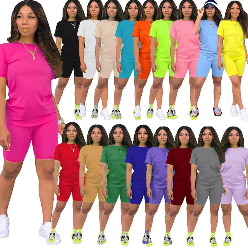 Q107045 17 रंग आकस्मिक खेल ठोस रंग दो टुकड़ा सेट महिलाओं के कपड़े हे कॉलर लघु आस्तीन टी शर्ट के साथ बाइक <span class=keywords><strong>शॉर्ट्स</strong></span> सूट