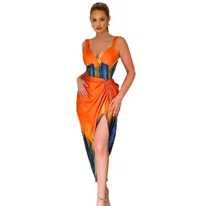 ZIYA A04S92 Wholesale Orange Split Sling Printed Dress Summer 2023 Women Clothing
