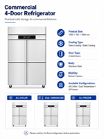 Réfrigérateur-congélateur vertical commercial à 4 portes, refroidissement par air, en acier inoxydable, double température, pour restaurant, hôtel, équipement de cuisine