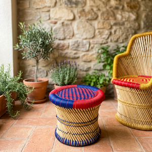 Blue Red Classy Waterproof Eco-Friendly Rattan Stool Modern Design Outdoor Portable Home Use Unique <b>Balcony</b> Kitchen Living Room - Product Image 1