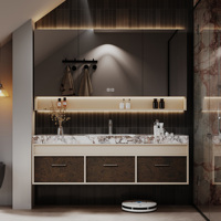 Meuble-lavabo de salle de bain moderne suspendu avec plateau en pierre frittée, ensemble de meuble en bois massif, miroir LED intelligent, lavabo simple ou double