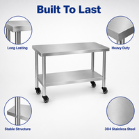 Werktafel van 304 roestvrij staal met wielen, dubbelwandig, volledig gelast, geen montage nodig