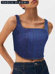 Débardeur bustier coréen en jean sexy pour femme, col carré, couleur unie, style cami, sans manches, vente en gros pour l'été - Product Image 4