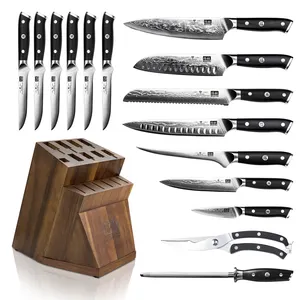 16件式不锈钢空心手柄块套装刀组黑色带磨刀器内置切割刀家庭餐厅