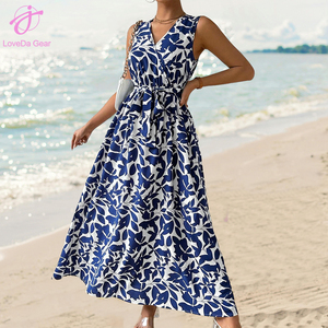 Loveda Wholesale 2025 Summer Women Beach <strong>Wear</strong> Polyester <strong>Blue</strong> Flower Printed V-neck Tie Maxi Dress - Product Image 3