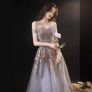 Elegant Off The Shoulder Glitter Chiffon A Line Evening Dress Grey Empire Waistline For Banquets Birthday Parties Princess Style - Product Image 2