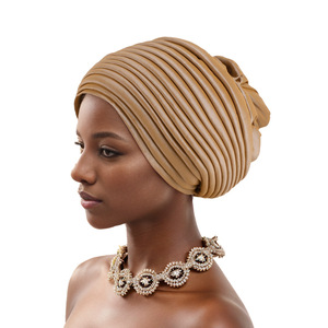 Turbante <span class=keywords><strong>de</strong></span> poliéster étnico africano para <span class=keywords><strong>mujer</strong></span>, 8 colores, sombrero indio plisado multicapa, pañuelo para la cabeza, pañuelos - Product Image 3