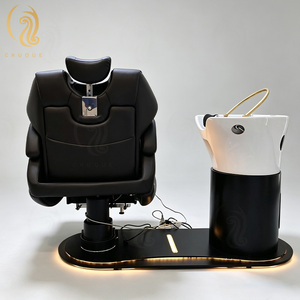 Chuque Fauteuil <span class=keywords><strong>de</strong></span> <span class=keywords><strong>coiffure</strong></span> moderne <span class=keywords><strong>de</strong></span> luxe en cuir, structure en acier inoxydable, résistant à l'eau, repose-pieds réglable en céramique, plateau multifonctionnel - Product Image 4