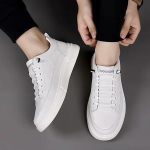 Lmabdearm Men's White <b>Leather</b> <b>Sneakers</b> Round Toe Lace-up Rubber Outsole Anti Slip Summer Casual Shoes - Product Image 3