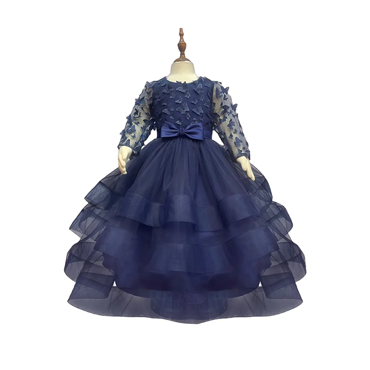 Yeni Model çocuk giysileri pullu dantel üst 3 katmanlı iplik donanma çiçek kız balo elbise