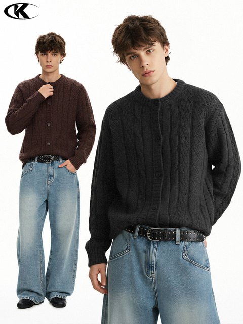 11KN Factory Custom Cable Knit Cardigan Mens Button up Wool Blend Sweater Retro Cozy Vintage Old Money Style  Bulk Order