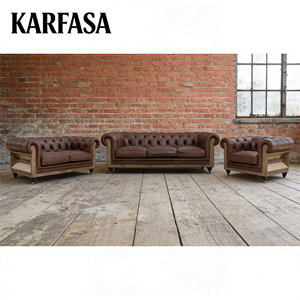 Sofa Dua Dudukan Kulit Sapi Asli Chesterfield Gaya Vintage Amerika untuk Ruang Tamu dengan Gaya Antik Kayu - Product Image 1