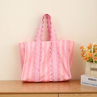 Sac fourre-tout en toile à rayures roses avec poignée festonnée, grande capacité, sac de plage réutilisable, fermeture magnétique, sac à bandoulière décontracté