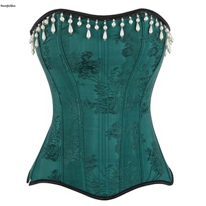 <span class=keywords><strong>Vert</strong></span> foncé femmes brocart à lacets surbuste Corselet mince corsage fermeture éclair latérale dos dentelle serré Corset <span class=keywords><strong>Bustier</strong></span> avec perle blanche - Product Image 1