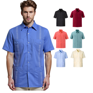 TKAN693 OEM Factory Mens Guayabera <b>Shirts</b> for Men Cuban <b>Mexican</b> Short Sleeve Guayabera <b>Shirts</b> 4 Pockets for Man - Product Image 1
