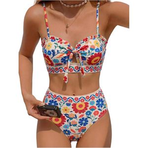 FOXA Ensemble bikini 2 pièces à fleurs pour femme, avec bretelles spaghetti et bandeau, maillot de bain, tenue de plage, matière extensible - Product Image 1
