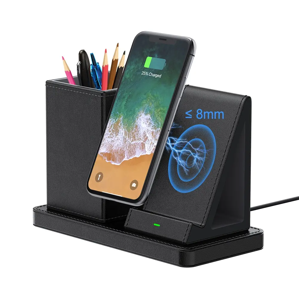 Desktop PU Leather Wireless Charging Pen Holder mit QI Fast Wireless Charger Smart Phone