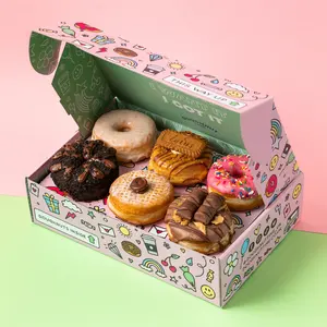 Cajas de embalaje de rosquilla para panadería, papel de grado alimenticio ecológico con impresión personalizada, color rosa, venta al por mayor