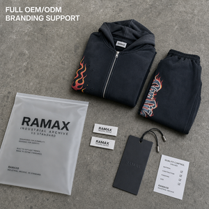 ชุดฮู้ดดี้ผู้ชาย RAMAX ผ้าฝ้าย 450GSM เสื้อซิปและกางเกงขายาว สตรีทแวร์ ลายพิมพ์เปลวไฟ ทรงปกติ ใส่ได้ในฤดูใบไม้ร่วง - Product Image 4