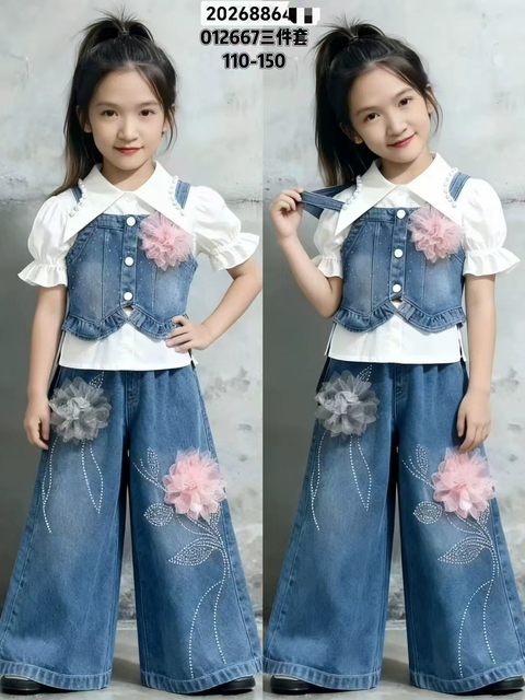 2026 New Fashion Girls Clothing Set Sleeveless Denim Flower Vest Top + Solid Shirt + Jeans Pants 3 Pcs Outfit for Girls