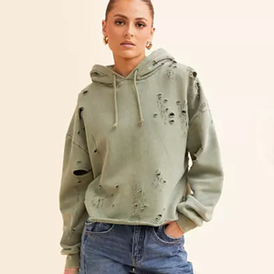 Nuevo logotipo personalizado vintage desgastado lavado con ácido camisa casual con capucha para las mujeres - Product Image 2