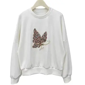 Age-reducing Butterfly Embroidered Beaded Sweatshirt New Fashion Round Neck Loose Space Cotton Top for Women Crew Neck Knitted
