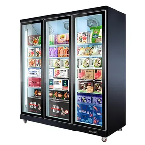 Thực Phẩm Đông Lạnh Ice Cream Upright Tự Động Rã Đông Trong Suốt 3 Cửa Kính Tủ Đông Hiển Thị Showcase