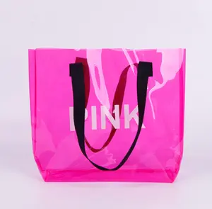 حقيبة تسوق مخصصة من مادة PVC مقاومة للماء نيون مع مقبض حبل قطني سميك للألوان كهدايا لها