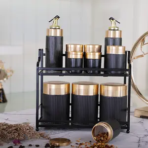 Nhà Bếp Dầu Ô Liu Giấm Dispenser Chai Đường Muối Jar Set Gốm Bếp Cà Phê Canister Sets Với Kim Loại Đứng