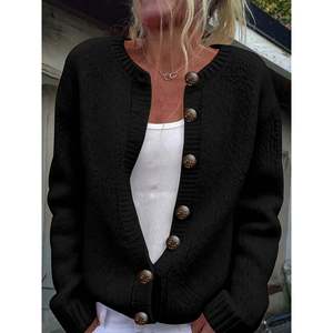 Cardigan gris à boutons métalliques pour femmes, col rond, manches longues, pull en tricot - Product Image 5