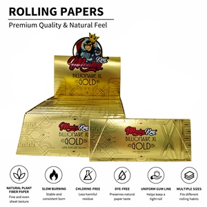 Papiers à rouler Monkey King Billionaire XL Gold Super King Size en fibres végétales naturelles, 32 feuilles + 32 embouts par carnet, 24 carnets par boîte - Product Image 1