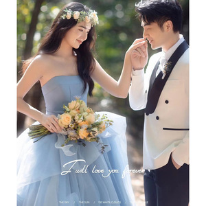 Blue Strapless Tulle Wedding Dress Empire Waistline With Train For Forest Theme Wedding - Product Image 3