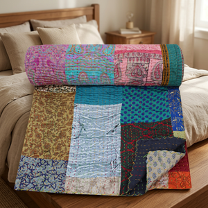 Couette Kantha Indienne en Coton Patchwork de Sari Vintage Queen Size - Product Image 2