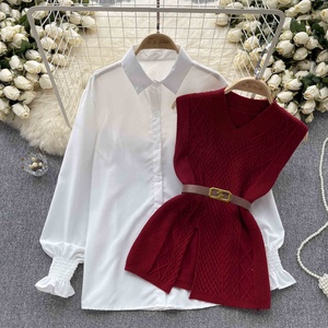Mode Automne Chic : Gilets en tricot cintrés à la taille et Chemises blanches décontractées à manches longues à revers pour <span class=keywords><strong>femme</strong></span> - Product Image 4