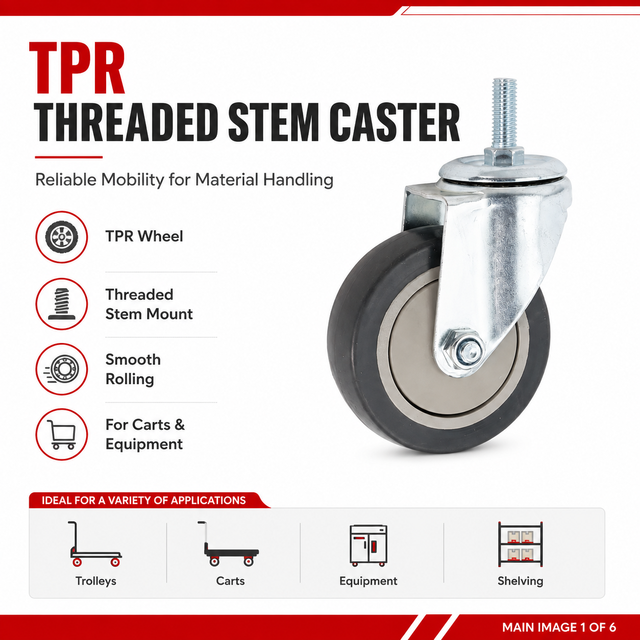 TPR Threaded Stem Swivel Caster Wheel for Trolleys Carts Material Handling Equipment and Industrial Applications