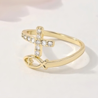 Anillo cruzado de nuevo diseño, anillo de pez ajustable con apertura chapada en oro de 14 quilates, circón religioso de latón para mujer