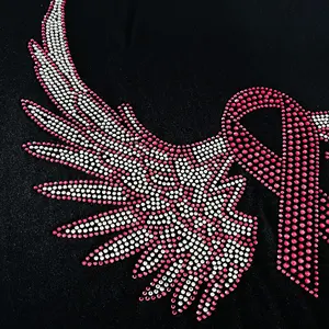 Good Quality Custom Breast Cancer Rhinestone Heat Transfer Shiny Ribbon Hot Fix Rhinestone Transfer Design for Shirt